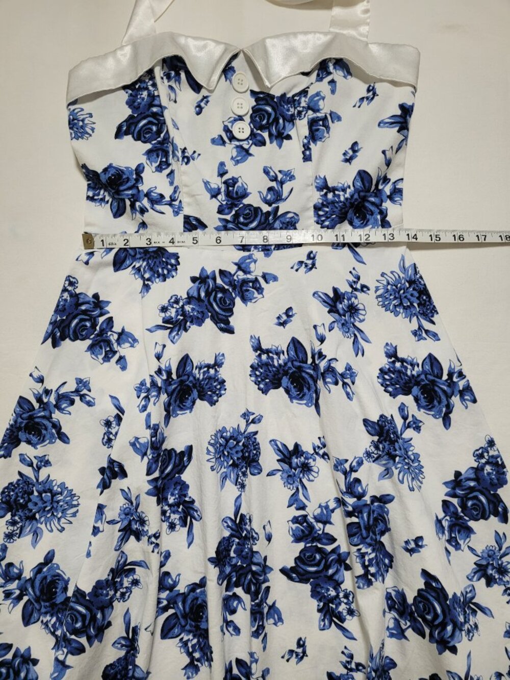 Dressystar Floral Halter Rockabilly Swing Dress Blue White Medium 50s Retro - Picture 4 of 10